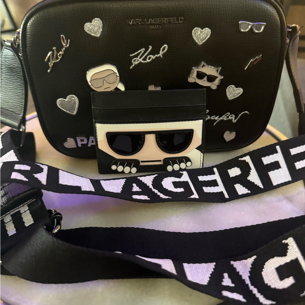 Karl Lagerfeld Black and White Crossbody Bag with Iconic Graphics